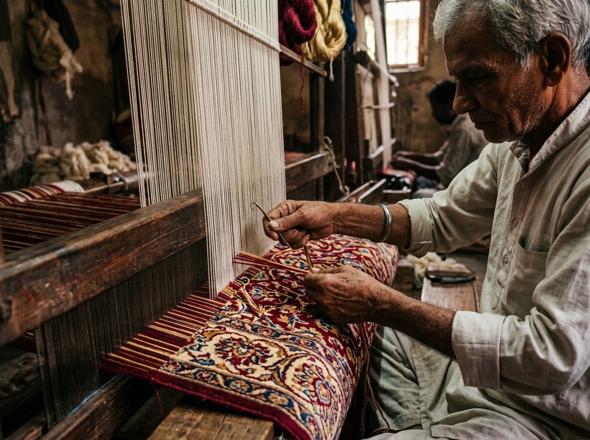 Master artisan weaver knotting a fine carpet on traditional wooden loom in Bhadohi